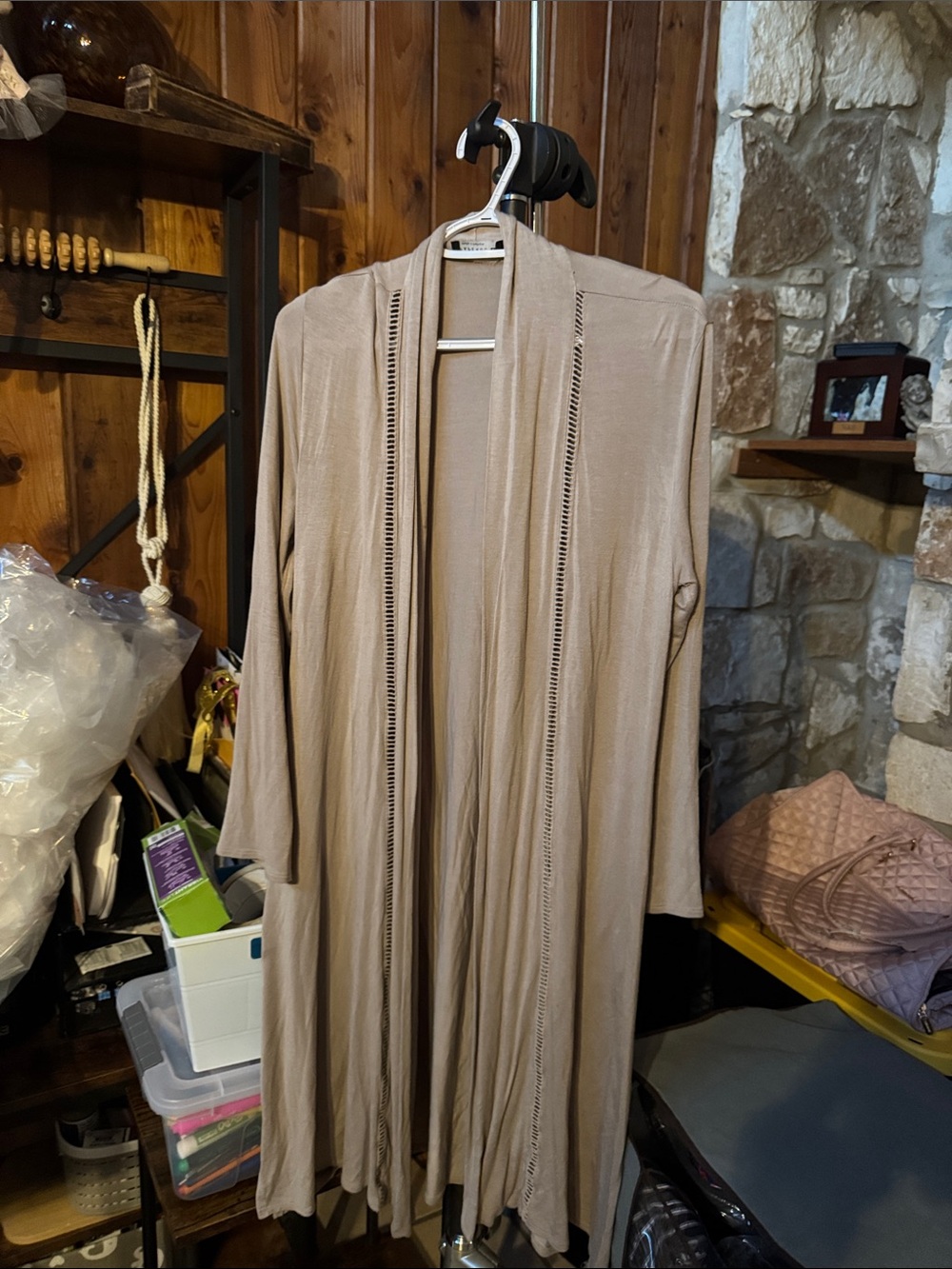 Light Taupe Open-Front Long Robe Cardigan - Women